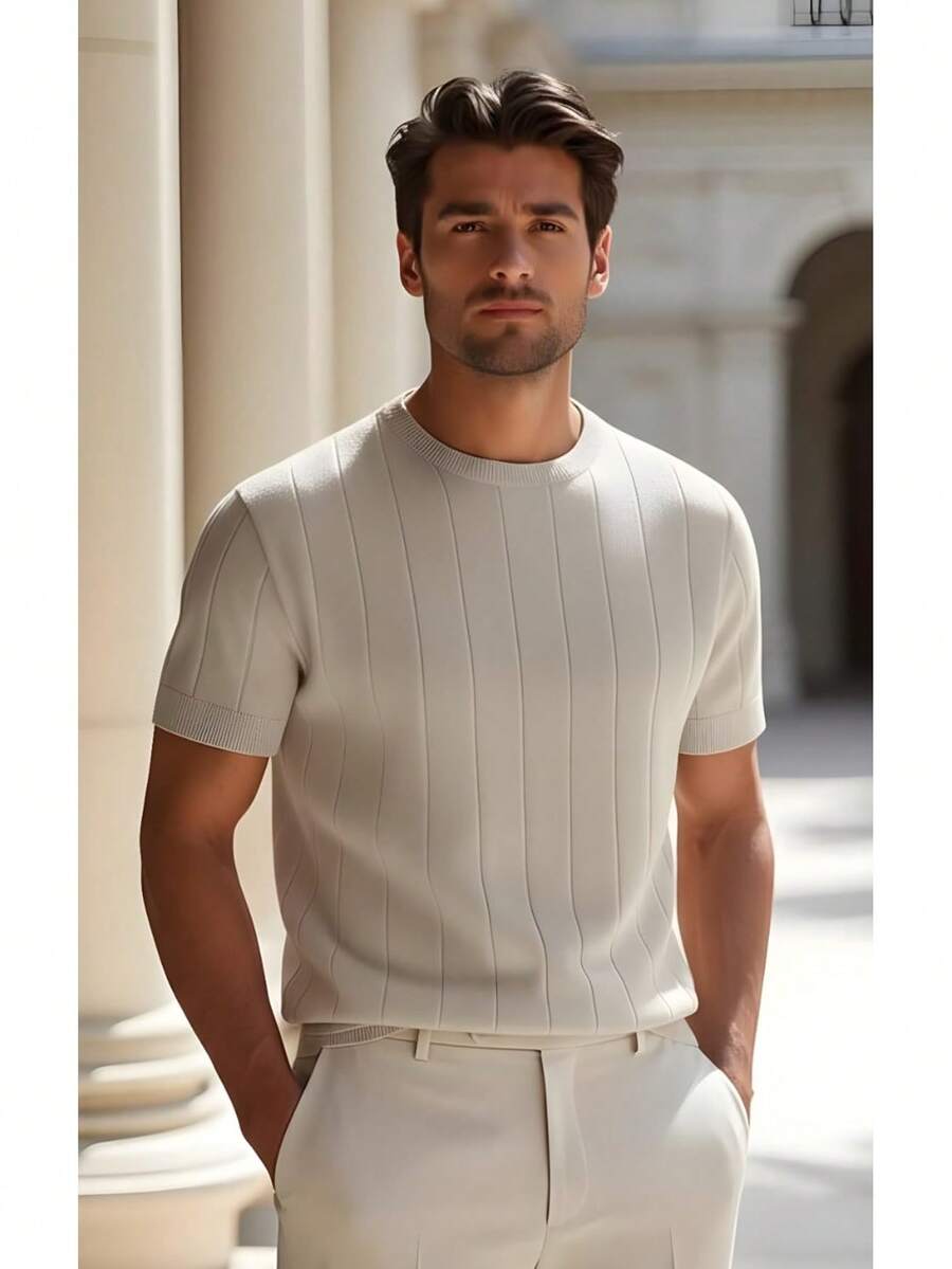 Men's Formal Shirt, Modal Knit, Elegant T-Shirt - Creme - View 1