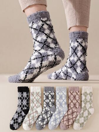 2 Pairs/1 Pair Men's Plush Mid-Calf Socks, Diamond Pattern Thick Warm Socks For Winter, Suitable For Home & Daily Wear