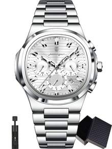 POEDAGAR 1pc Men's Stainless Steel Casual Date Chronograph Quartz Watch, Waterproof Luminous Pointer, Fashion Men's Wristwatch, Suitable For Daily Wear, Holiday/Birthday Gift - Silver - View 14