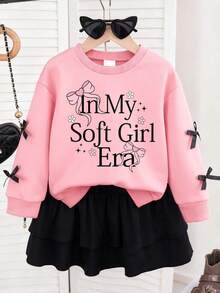 Conjunto de sudadera de cuello redondo cálida con estampado de dibujos animados y falda de globo para niña preadolescente - Rosa - Ver 1