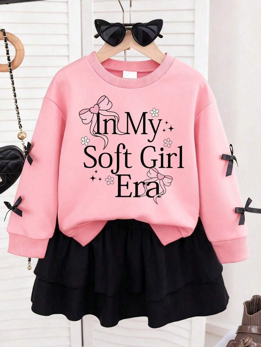 Conjunto de sudadera de cuello redondo cálida con estampado de dibujos animados y falda de globo para niña preadolescente - Rosa - Ver 1