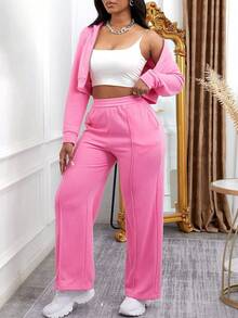 Conjunto Deportivo Rosa Claro con Chaqueta Corta de Capucha y Pantalón Alto Ajustado - Estilo Moderno y Cómodo para Mujer, Outfit Casual o Gimnasio - Rosa Fucsia - Ver 5