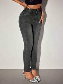 Women's High Waist Slim Fit Ankle Length Skinny Dark Grey Jeans, Versatile Pencil Pants - Dark Grey - View 1