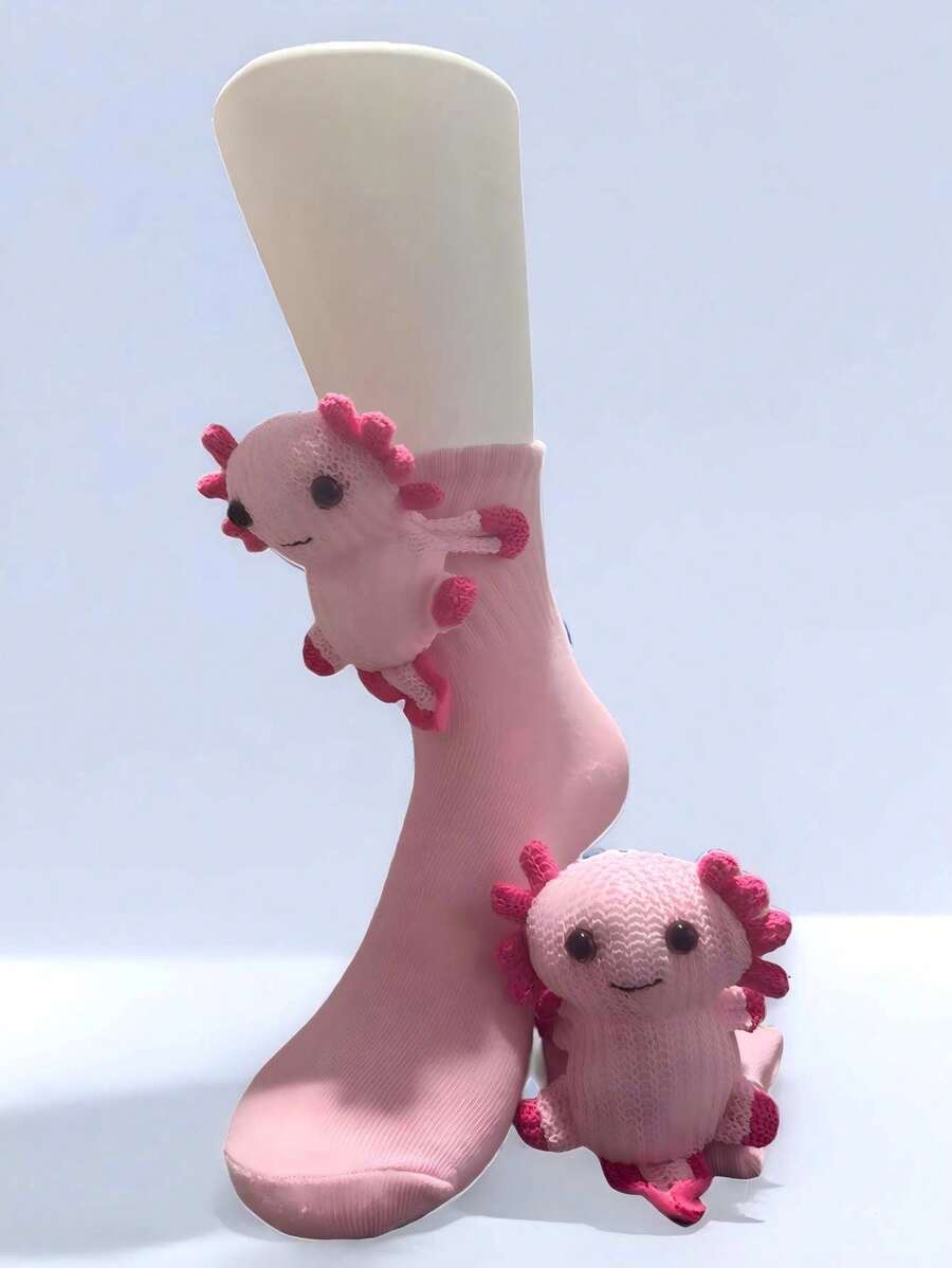 1 Pair 3D Axolotl Mid-Calf Socks For Kids, Toe, Warm Indoor Floor Socks, Suitable For Autumn/Winter Daily, Home, Party, Holiday Wear, Children Gift - Pink - View 1