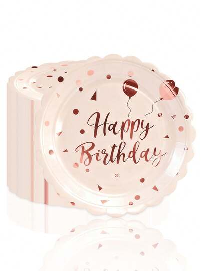 10pcs/20pcs/50pcs Happy Birthday Paper Plates Set 7 9 Inches Pink Rose Gold Birthday Cake Plates Scalloped Dessert Birthday Cake Candy Plate Dinner Plates Disposable Tableware For Birthday's Party Supplies Decorations