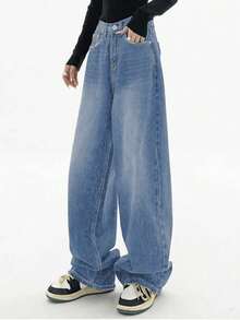 Jeans de pierna recta para mujer talla grande - Ajuste relajado vintage, tiro medio, pantalones de corte holgado con detalles de botones - Lavado ligero - Ver 5