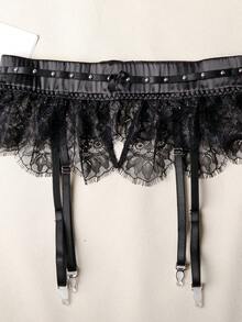 性感内衣女士文胸蓝色网纱刺绣吊带背心三件套 - 黑色 - 查看 5