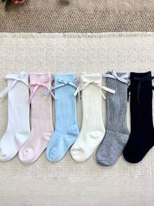 1/6 pares de calcetines largos para niños con decoración de lazo estilo princesa, versátiles para todas las estaciones - Multicolor - Ver 19