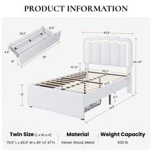 SHA CERLIN Twin/Full/Queen Upholstered Size Bed Frame With LED Lights, Adjustable Velvet Headboard With Wavy Design, Noise Free, Wooden Slats Platform Bed, Easy Assembly, No Box Spring Needed, White - 查看 9