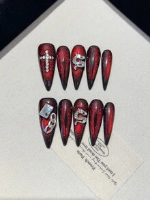 10片装Y2K手工按压式美甲贴片，包含巨型星空猫眼、亚克力立体钻石圆盘龙形贴片、深色系美甲贴片，适合女士和女孩日常舞会、学院风尖头按压式美甲贴片、复古气质按压式美甲贴片，附赠果冻胶和美甲贴纸。 - 酒紅色 - 查看 2