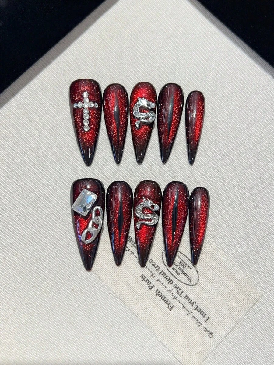 10片装Y2K手工按压式美甲贴片，包含巨型星空猫眼、亚克力立体钻石圆盘龙形贴片、深色系美甲贴片，适合女士和女孩日常舞会、学院风尖头按压式美甲贴片、复古气质按压式美甲贴片，附赠果冻胶和美甲贴纸。