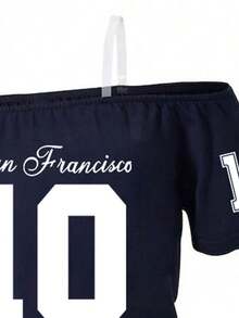 Tween Girl Numeric Print Asymmetrical Shoulder Top And Pants Set - Royal Blue - View 3