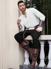 Men's Long Sleeve Shirt With Drawstring Design, Medieval Viking Costume For Festivals And Parties - White - View 5