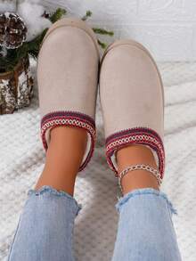 New Fashionable Round Toe Warm Fuzzy Thick Sole Brown Snow Boots, Ankle Boots For Autumn/Winter - Beige - View 4