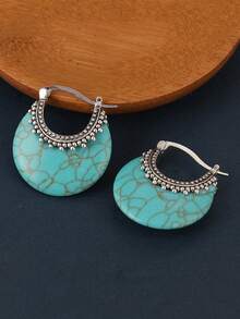 Pendientes de aro estilo bohemio, pendientes colgantes decorados con turquesa sintética - Plateado - Ver 4
