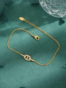 1pc High Quality European & American Style Cubic Zirconia Copper Plated 18K Gold Pig Nose Rhinestone Minimalist Bracelet Women's Gift For Daily Wear - Yellow Gold - View 2