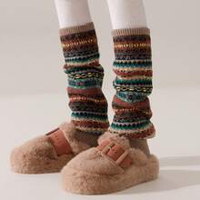Autumn Winter Retro Thick Wool Pile Socks Color-Block Knee-High Warm Layered Bohemian Style Leg Warmers - 紅色 - 查看 3