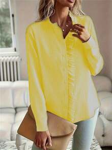 时尚条纹印花褶皱纹理面料荷叶领直筒袖修身涤纶混纺休闲衬衫，简约百搭日常穿着，适合教师节 - 黃色 - 查看 3