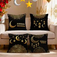 4pcs Ramadan Black & Gold Luxury Lantern & Mandala Floral Print Decorative Pillow Case Set, Single-Sided Printing, Suitable For Living Room, Sofa, Bedroom, Pillow Insert Not Included - Multicolor - View 3