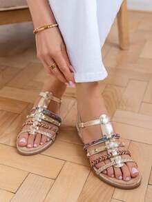 Sandales Plates Bohèmes à Brides Fantaisie Multicolores Et Strass - Gold - View 1