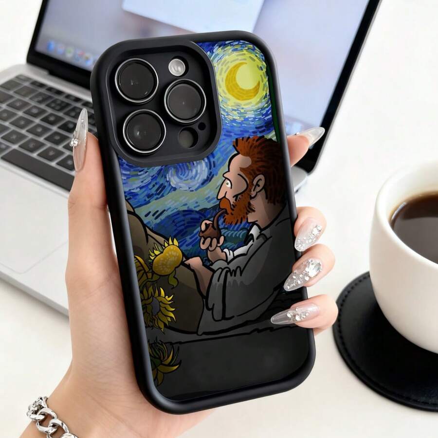 Funda de teléfono Van Gogh Noche Estrellada Arte Pintura con Diseño de Artista de Dibujos Animados para  15 Pro Max  14 Pro  13  Galaxy S23 S22 S21 Funda de teléfono Funda de pareja Regalo para novio novia Regalo de San Valentín Cumpleaños - Café integral - Ver 1