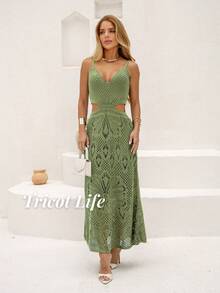 Women's Midi Dress, Knit With Lace, Party, Beach, Sophisticated, New Year's Eve, Christmas, Vacation, Beach, Wedding, Bridesmaid - 橄欖綠 - 查看 2
