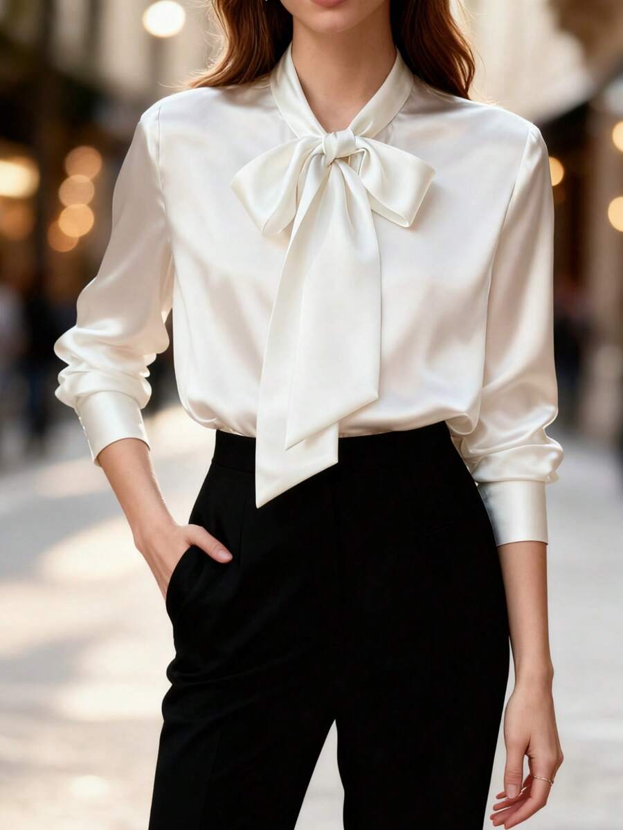White Blouse Women Spring & Autumn Long Sleeve Office Shirt, Elegant Bow Decor Chiffon Flowy Top - White - View 1