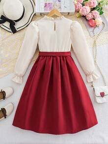 Girls' Elegant 3D Floral Beaded Design Ruffle Collar Long Sleeve Dress, Contrast Ruffle Hem And Decorative Waistband, Suitable For Spring And Autumn - Redwood - View 2