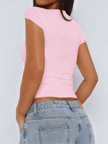 Áo thun nữ Vaiaye cổ chữ V khoét sâu gợi cảm, tay ngắn, kiểu dáng retro, thích hợp mặc đi làm và tập thể dục, phù hợp cho cả mặc hàng ngày và đi làm. - Hồng - Xem 5