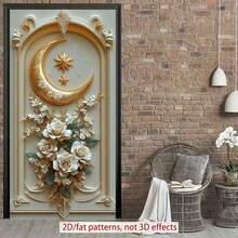 2D Polyester Ramadan Door Banner 1pc Exquisite Wall - Art: Golden Crescent Moon With Stars And Elegant Floral Arrangement Eid Al-Fitr Photo Props And Supplies, Suitable For Muslim Ramadan And Eid Al-Adha Celebrations, Islamic-Themed Holiday Decorations