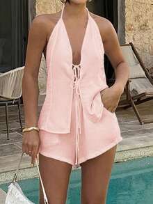 Unadoll Women's Sexy Casual V-Neck Backless Tie-Up Top And Elastic Shorts 2-Piece Set, Suitable For Home, Beach, Date, Music Festival, Valentine's Day And Other Occasions Pink Elegant - Pink - View 8