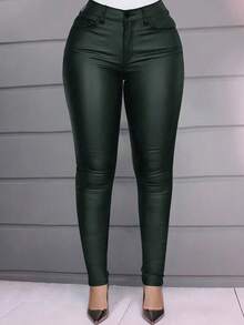 Apperloth A 高腰斜口袋 PU 皮革保暖内衬弹性休闲紧身锥形裤七分裤