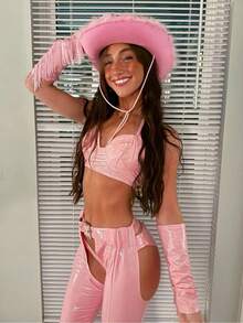 1 Pieza Sombrero Vaquero Con Luces y Plumas Moda Cowboy Mujer Fiesta, Sombrero De Vaquero Rosa Con Decoración De Plumas, Sombrero De Navidad, Sombreros De Graduación, Estilo y2k De Festival De Música, Vuelta Al Colegio, Diseño Occidental De Vaquero Para Mujeres, Adecuado Para Cumpleaños, Boda, Despedida De Soltero, Novia, Regalo, Compromiso - Bordes sin rematar de color rosa - Ver 6