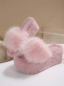 蓬松人造毛皮套脚拖鞋，厚底毛绒拖鞋，优雅坡跟厚底，适合秋冬季节，女士 - 粉色 - 查看 9