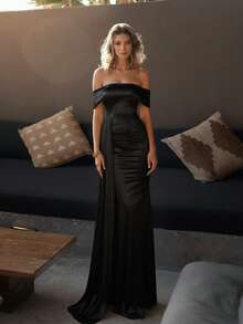 Basrey Solid Satin Off-Shoulder High-Waist Evening Dress, Fishtail Hem, Suitable For Formal Dinners, Galas And Parties. Party Wedding - Black - View 6