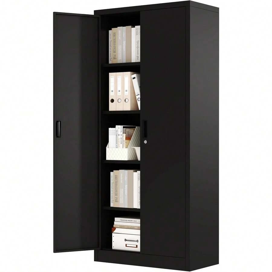 71" Metal Storage Cabinet With Doors, Lock And 4 Adjustable Shelves, Tall Pantry Cabinet For Garage, Office, Bedroom, Shop, Craft Room, Steel Storage Organizer With Adjustable Feet,Black - Default - View 1