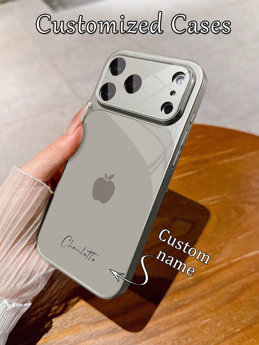 1pc Customized Minimalist Gray Apple Design Luxury Fashion Large View Tempered Glass With Lens Protection Matte Anti-Drop Phone Case, Compatible With IPhone 17/17Pro/17ProMax/17Air/16/16Pro/16ProMax/16Plus/15/15Plus/15Pro/15ProMax/14/14Plus/14Pro/14ProMax/13/13Pro/13ProMax/12/11 Phone Accessories, Full Coverage High-End Protective Cover - Light Grey - View 1