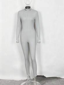 Sumemr Black Sexy  White Ribbed Knitted One Piece Outfits Long Sleeve Jumpsuit For Women  - Grey - View 1