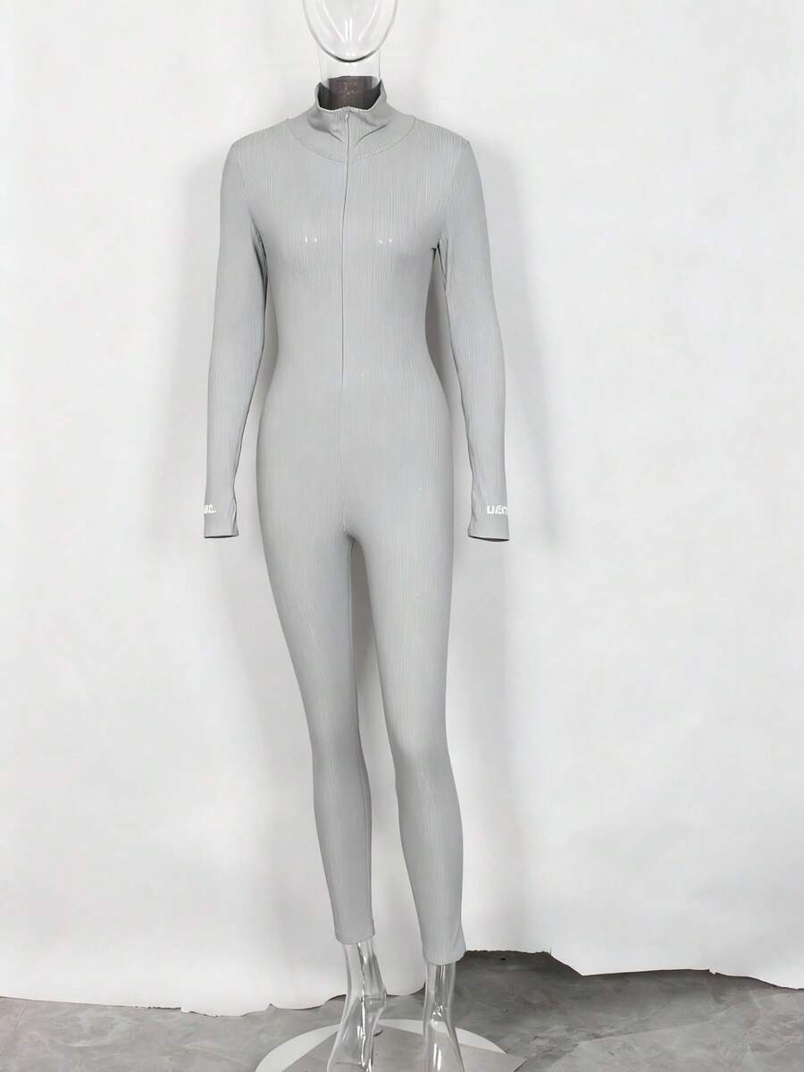 Sumemr Black Sexy  White Ribbed Knitted One Piece Outfits Long Sleeve Jumpsuit For Women  - Grey - View 1