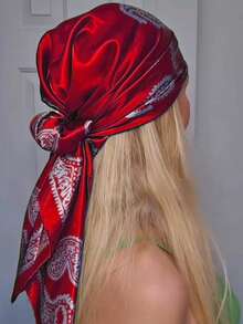 1 chiếc khăn vuông kiểu Bohemian dành cho nữ, kích thước 90*90cm, làm từ lụa satin in họa tiết, có thể dùng làm khăn choàng hoặc khăn trùm đầu chuyên nghiệp, thoáng khí, đa năng, phù hợp cho bãi biển, đường phố, sử dụng hàng ngày và kỳ nghỉ. - Màu Đỏ Sâu - Xem 2