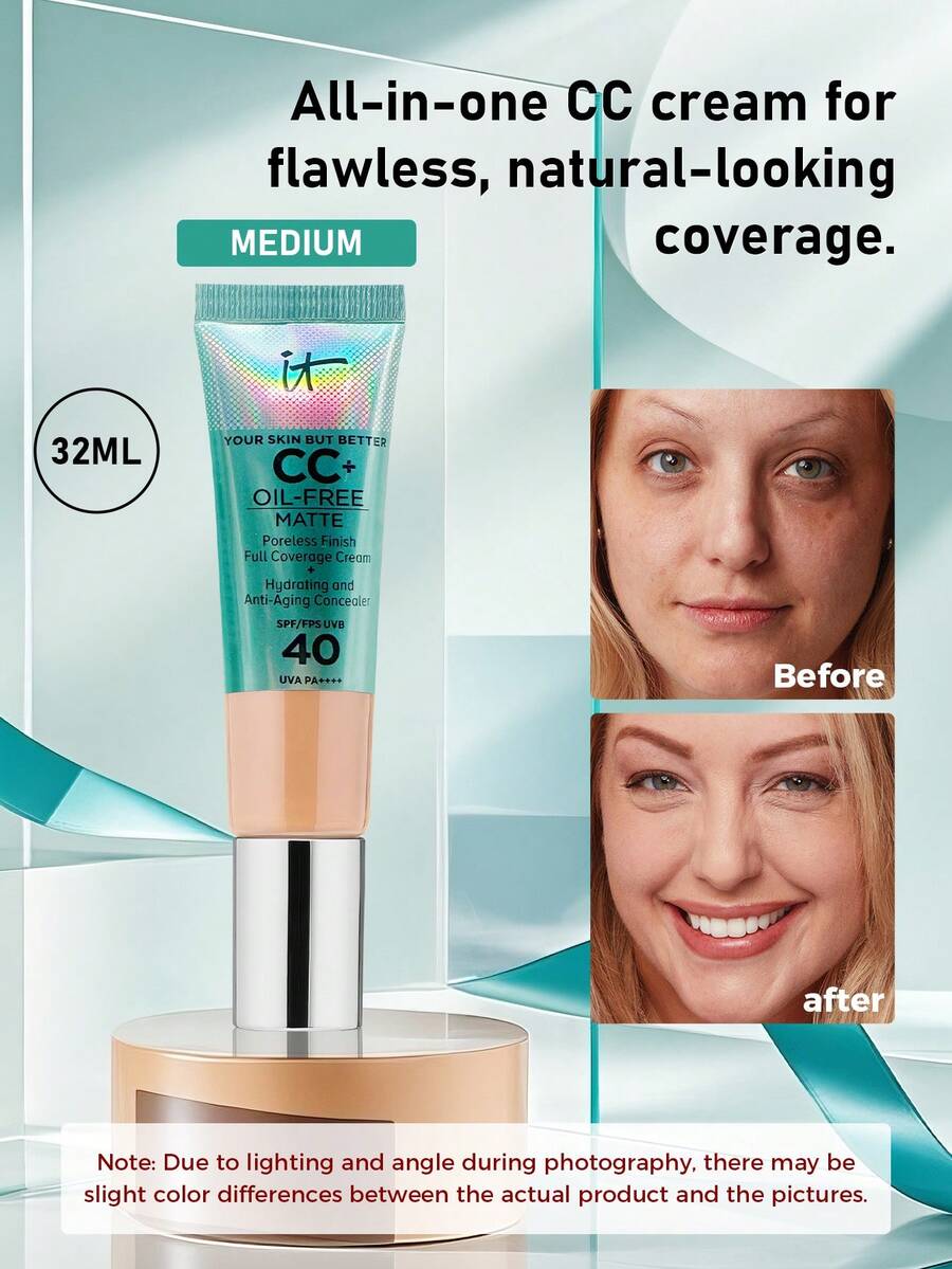 IT Cosmetics Your Skin But Better CC+ Cream, Medium Shade, 32ml/1.08 Oz | Full-Coverage, Oil-Free Matte Finish, SPF 40 | Buildable, Lightweight Formula Evens Skin Tone And Covers Imperfections