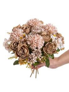 1束仿真牡丹花，5头丝绸绣球花芙蓉玫瑰花束，适用于婚礼装饰、新娘手拿花环、DIY花环、花瓶，也可用于家居、户外花园装饰、情人节礼物、新年装饰。 - 咖啡色 - 查看 1