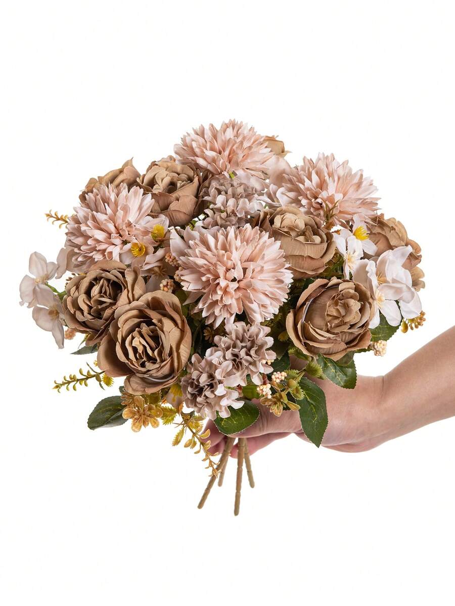 1束仿真牡丹花，5头丝绸绣球花芙蓉玫瑰花束，适用于婚礼装饰、新娘手拿花环、DIY花环、花瓶，也可用于家居、户外花园装饰、情人节礼物、新年装饰。 - 咖啡色 - 查看 1