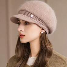 New Fashion Winter Hat For Women With Brim, Dandy Fur-Lined Plush Hats For Women, Casual Rabbit Fur Blend Knitted Hat - Khaki - View 16