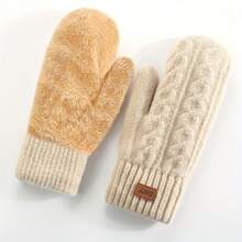 1 Pair Women's Winter Double Layer Fleece Thickened Warm Mittens Knitted Cable Pattern Cold Weather Warm Fashionable Women's Mittens Suitable For Daily Use And Parties For Women And Men - 紅色 - 查看 4