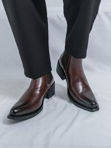 Men's Retro High Heel Chelsea Ankle Boots, Square Toe Glossy Leather Casual Business Dress Elevator Shoes