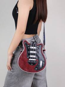 2025 New Personalised Y2K Baddie Retro Mini Guitar Bag, Bass Guitar Asymmetric Shaped Shoulder Messenger Bag With Chain, Rivet Decor Contrast Color Wide Strap, Unisex Streetwear (Small Size) - Màu Đỏ Sâu - Xem 4