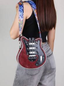 2025 New Personalised Y2K Baddie Retro Mini Guitar Bag, Bass Guitar Asymmetric Shaped Shoulder Messenger Bag With Chain, Rivet Decor Contrast Color Wide Strap, Unisex Streetwear (Small Size) - Màu Đỏ Sâu - Xem 2