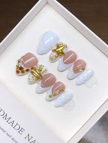 纯手工制作的杏仁形美甲贴片；手绘法式美甲，独特的秋冬设计；高品质简约美甲贴片，全覆盖假指甲，Y2K风格美甲贴片，按压式美甲贴片，手工美甲用品 - 彩色 - 查看 13