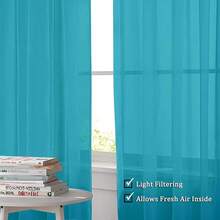 Sheer Curtains 63 Inch Length 2 Panels Set, Rod Pocket Voile Fimly Sheer Drapes For Living Room/Bedroom, 2pcs, Each 42inch W X 63inch L,Marine Blue,42inchWx63inchL(Packof2),Marine - 海洋 - 查看 3